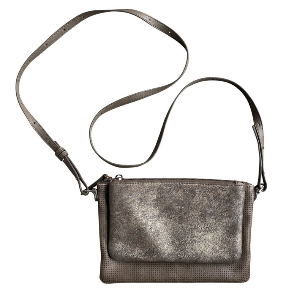Stella & Dot Faux Leather Bowery Belt Crossbody Bag Taupe Grey Gold Small Purse